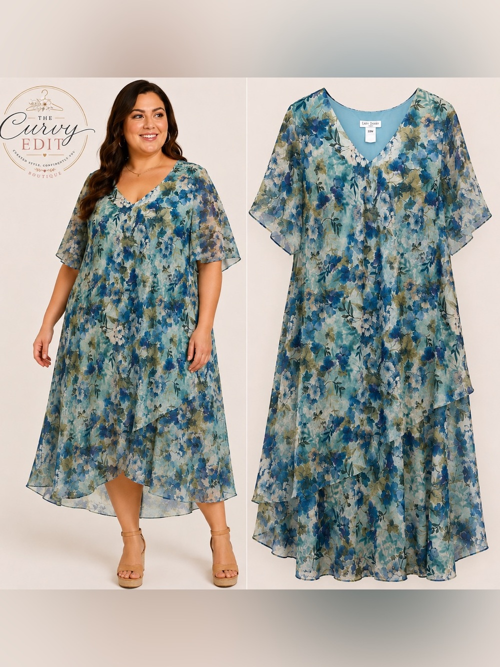 Lady Dorby 22W Blue Floral Chiffon Overlay Dress Midi Plus Size Watercolor Chic
